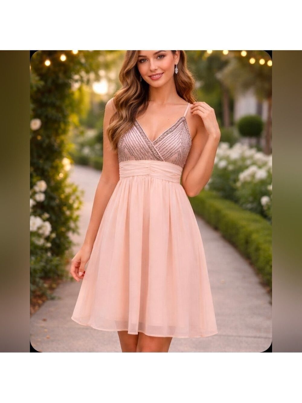 Vero Moda Blush Pink Beaded V Neck Ruched Waist Sleeveless Dress XS